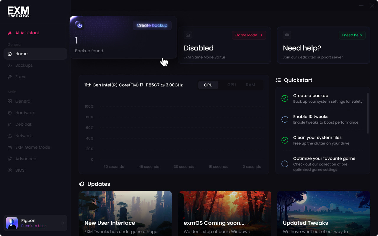 EXM Tweaks application dashboard showing system optimization controls and performance metrics